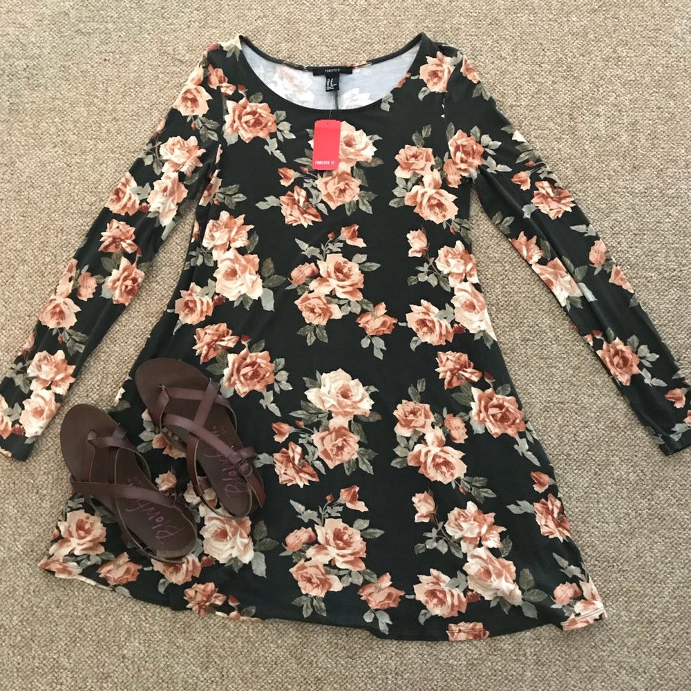 Long Sleeve Green Floral Summer Loose Dress NWT